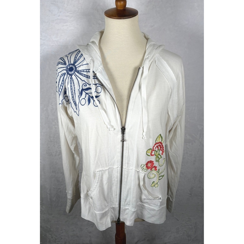 Cabi Full Zip Hoodie Sweatshirt White Cotton Floral Embroidered Size XL